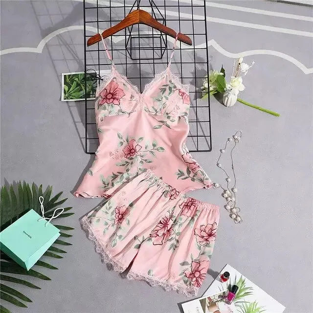 Sexy Women Pajamas Sets Sling Silk Nightwear