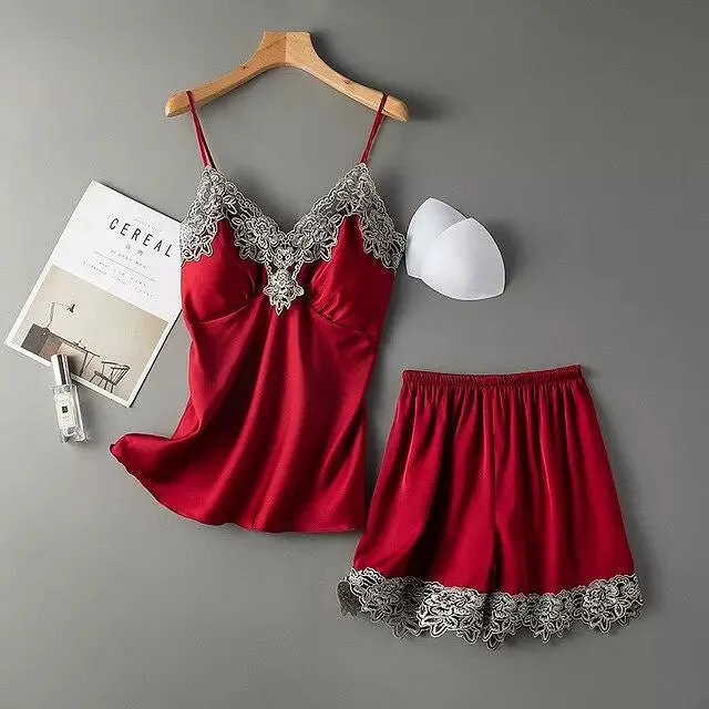 Sexy Women Pajamas Sets Sling Silk Nightwear