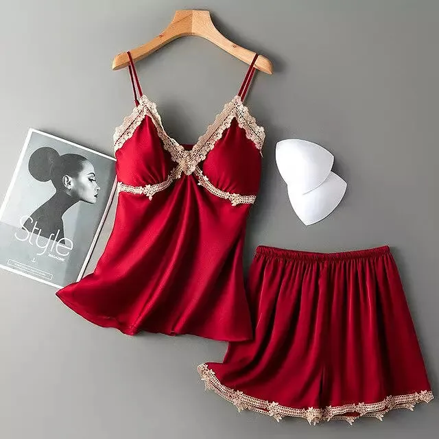 Sexy Women Pajamas Sets Sling Silk Nightwear
