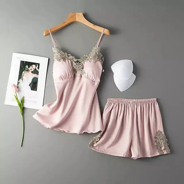 Sexy Women Pajamas Sets Sling Silk Nightwear