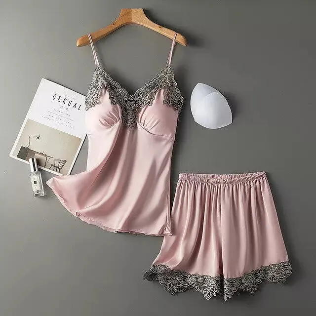 Sexy Women Pajamas Sets Sling Silk Nightwear
