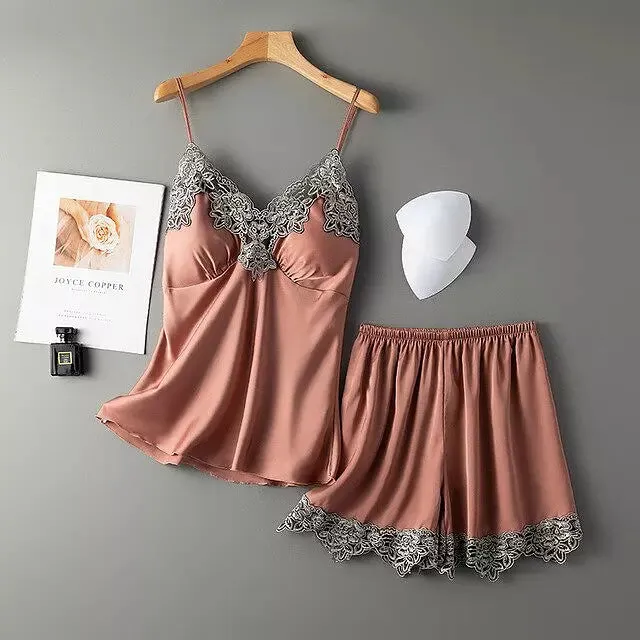 Sexy Women Pajamas Sets Sling Silk Nightwear