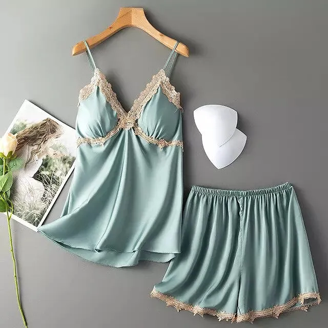 Sexy Women Pajamas Sets Sling Silk Nightwear