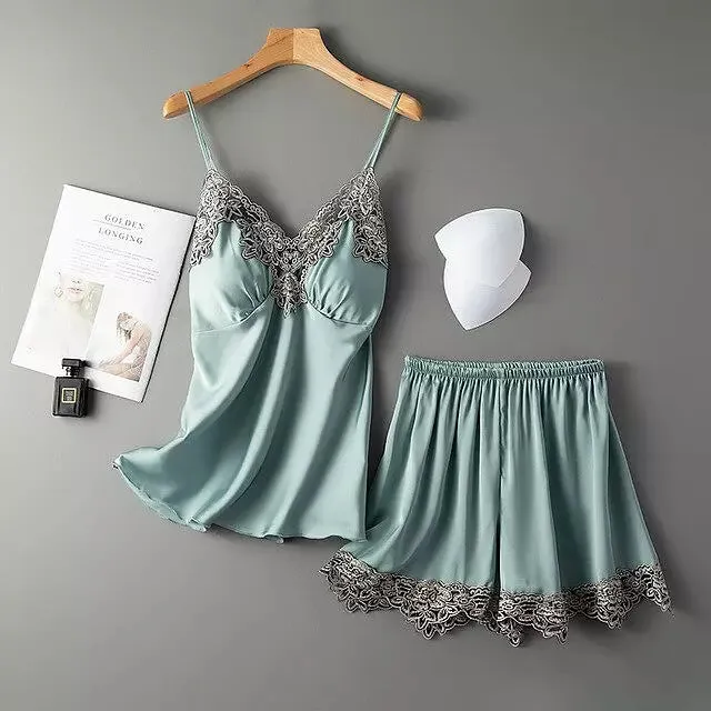 Sexy Women Pajamas Sets Sling Silk Nightwear