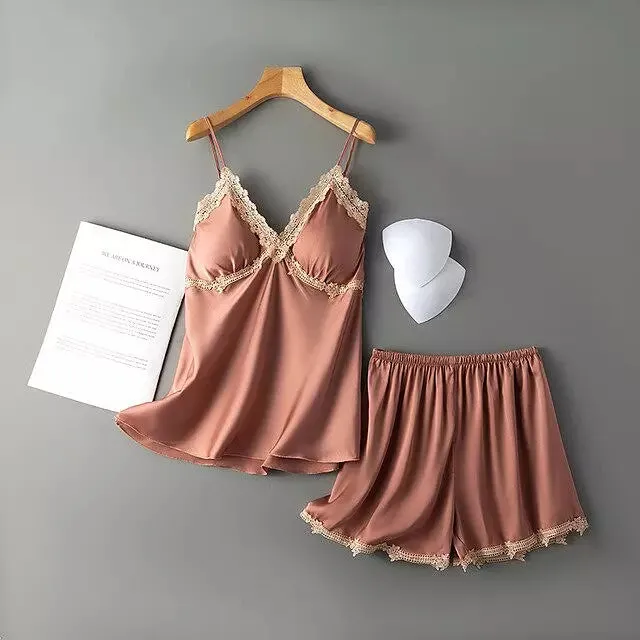 Sexy Women Pajamas Sets Sling Silk Nightwear