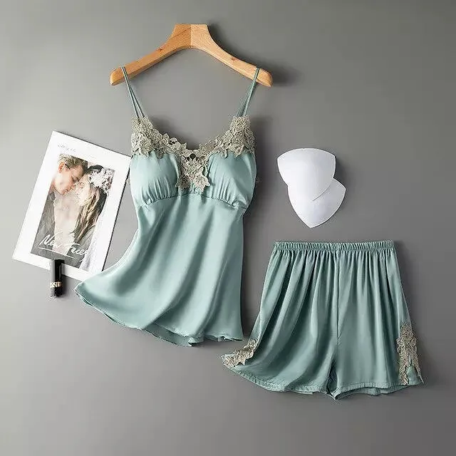 Sexy Women Pajamas Sets Sling Silk Nightwear