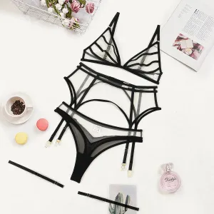 Sheer White Triangle Cup Four Piece Lingerie Set