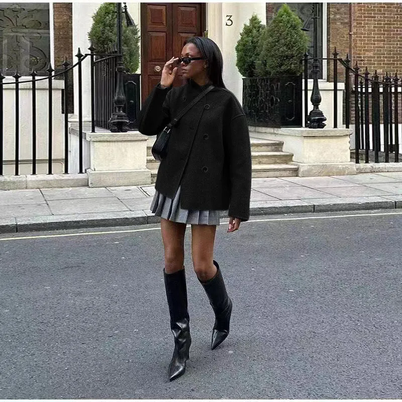 Short Double Breasted Solid Color Coat Casual Temperament British Top