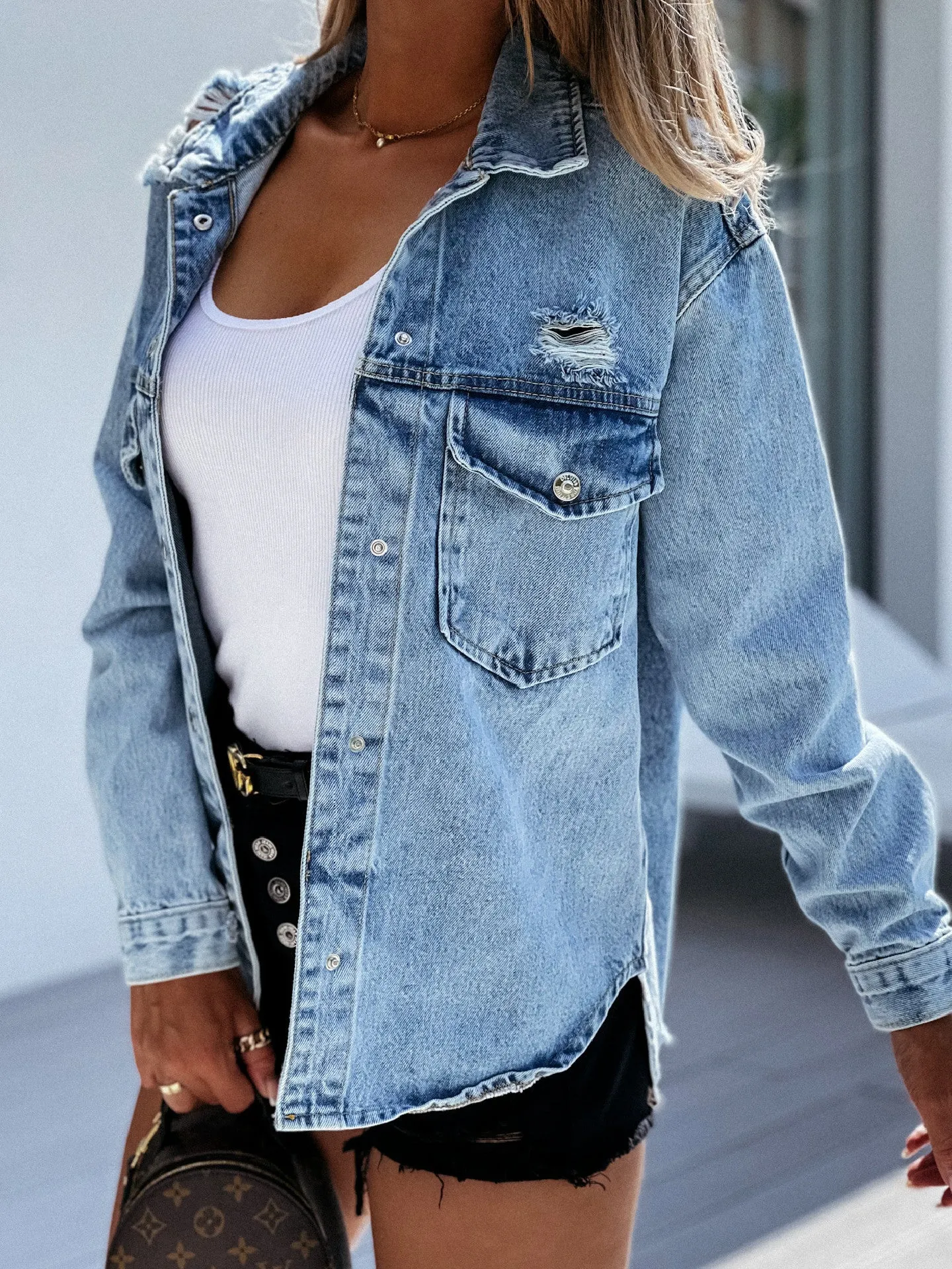 Single-breasted Pile Collar Denim Hole Outerwear Cardigans