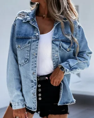 Single-breasted Pile Collar Denim Hole Outerwear Cardigans