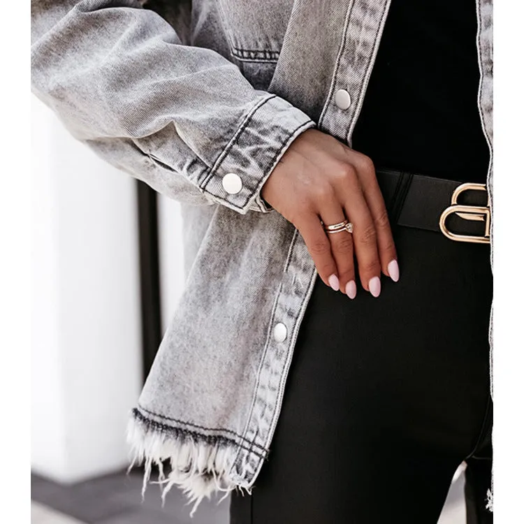 Single-breasted Pile Collar Denim Tassel Hem Outerwear Cardigans