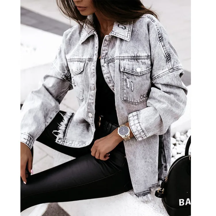 Single-breasted Pile Collar Denim Tassel Hem Outerwear Cardigans