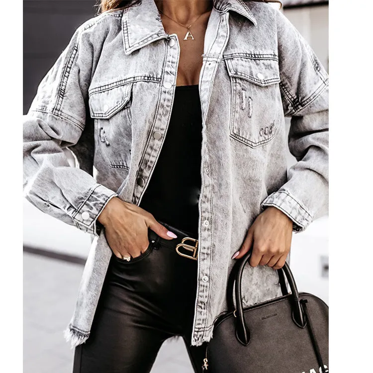 Single-breasted Pile Collar Denim Tassel Hem Outerwear Cardigans