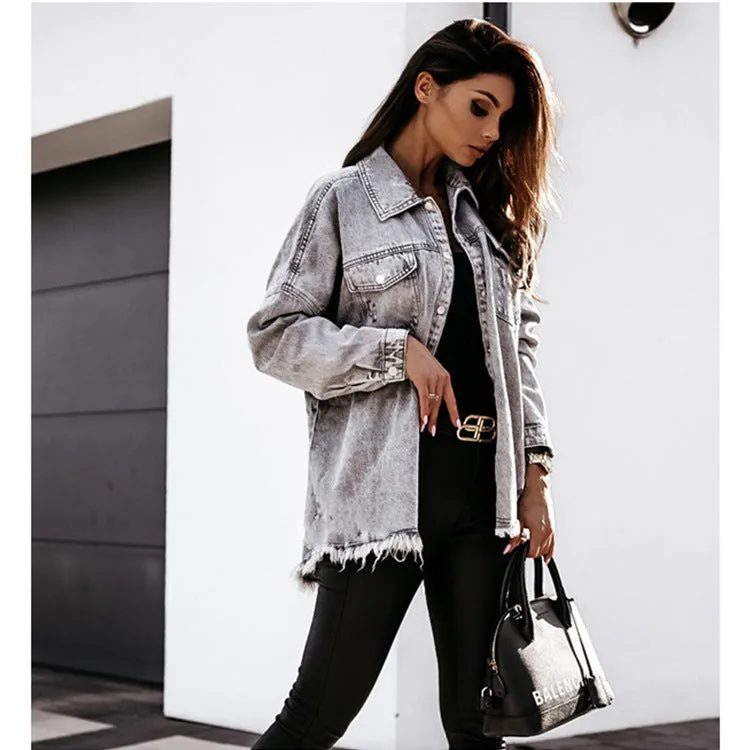 Single-breasted Pile Collar Denim Tassel Hem Outerwear Cardigans