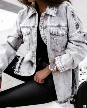 Single-breasted Pile Collar Denim Tassel Hem Outerwear Cardigans