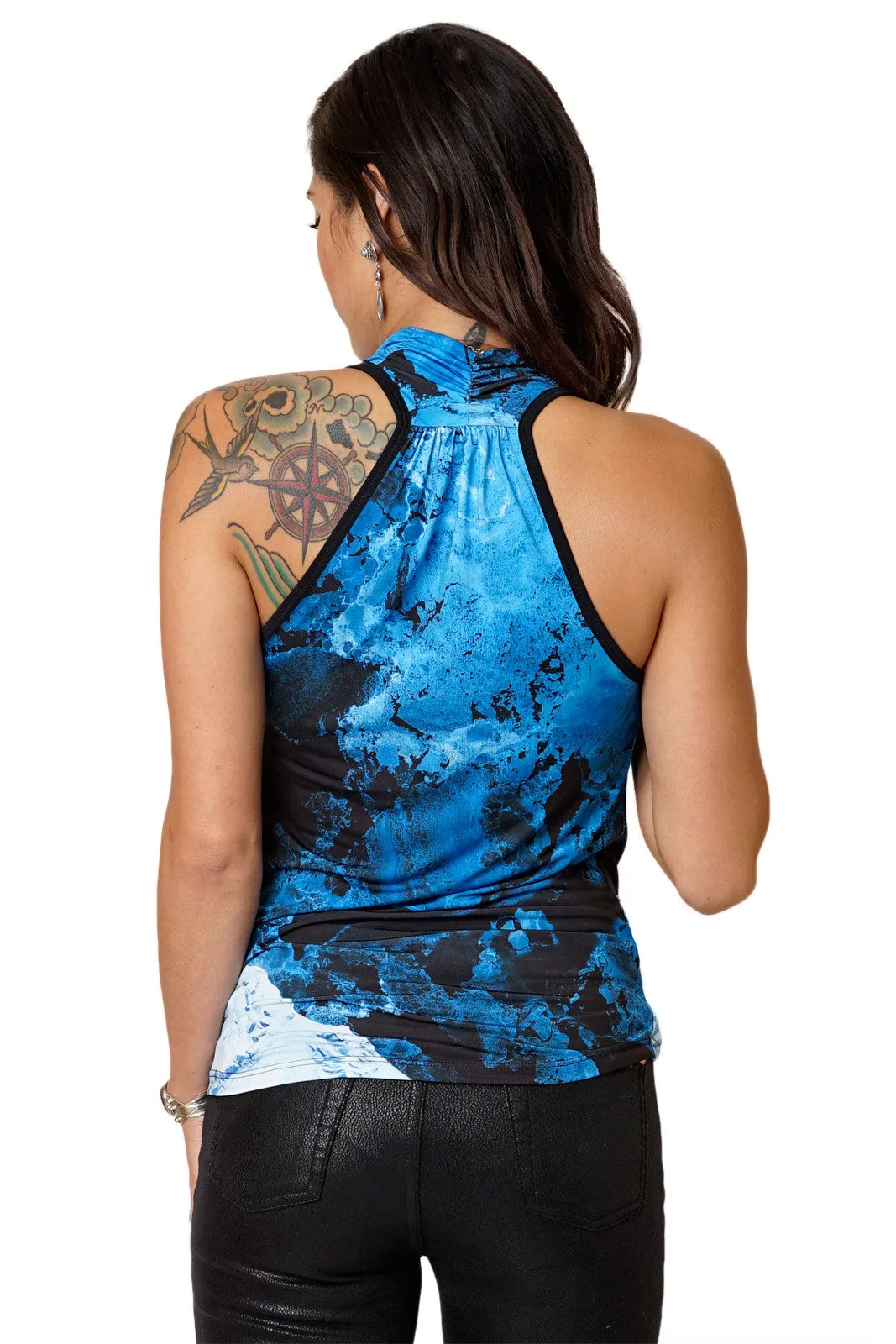 Sleeveless Cowl Neck Top-Graphic Printed Ocean Conservation Top-Kamchatka