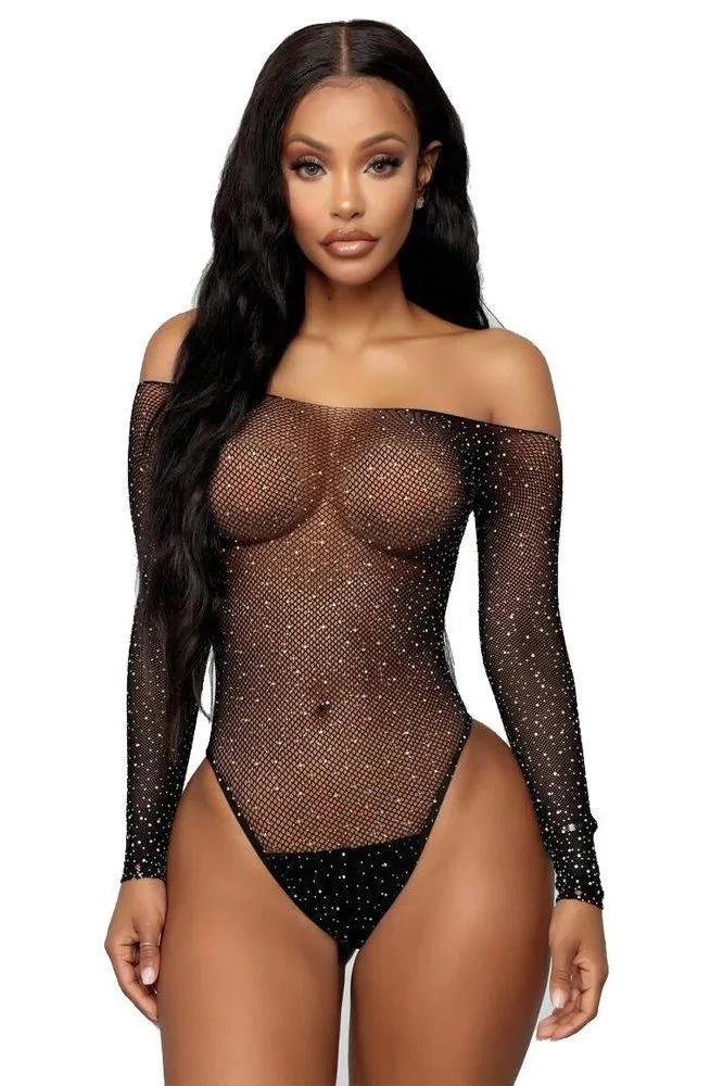 Strapless Rhinestone Mesh Stretch Bodysuit
