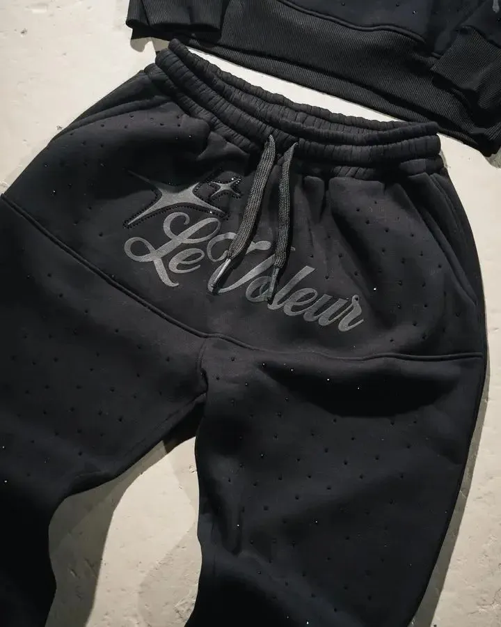 Streetwear Hoodie SweatpantsTwo Piece Set Y2K Clothes Mens Hip Hop Letters Embroidered Rhinestone Sequins Sweatshirt Pants Set