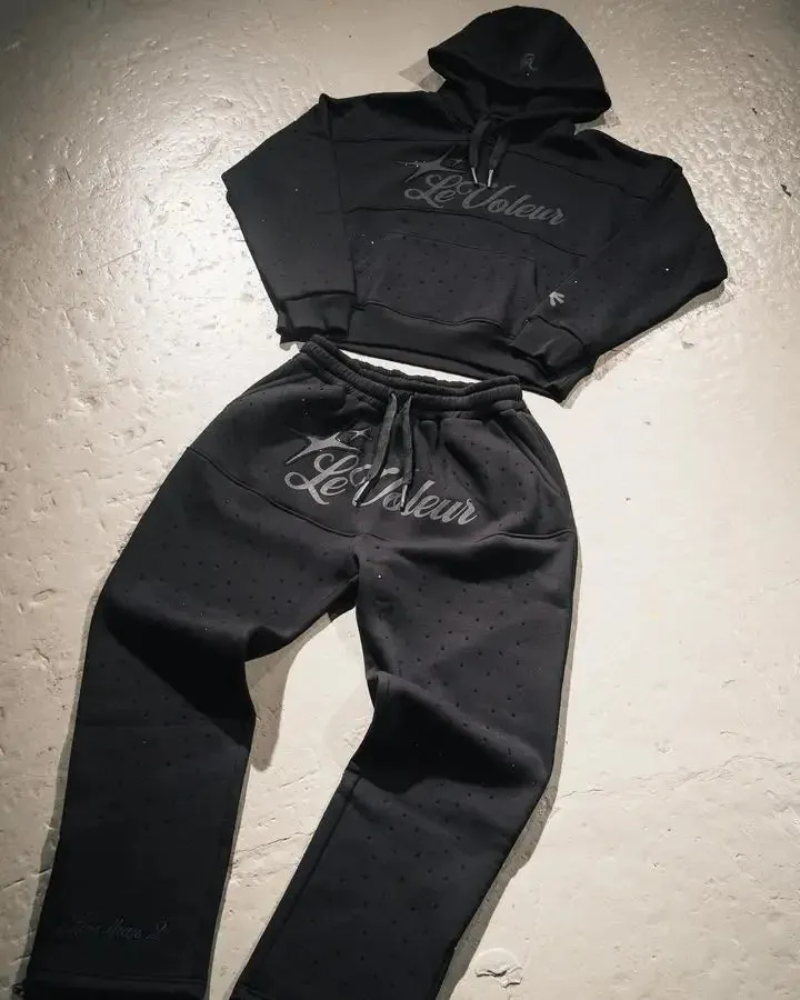 Streetwear Hoodie SweatpantsTwo Piece Set Y2K Clothes Mens Hip Hop Letters Embroidered Rhinestone Sequins Sweatshirt Pants Set