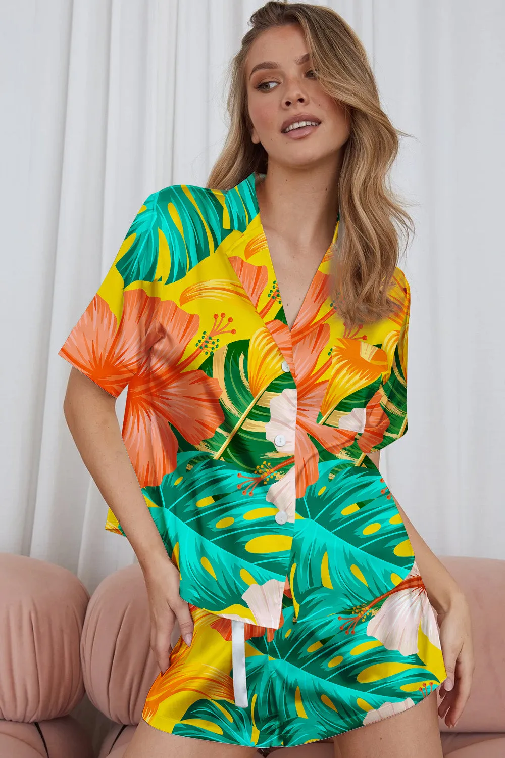 Sunset Tropics – Hibiscus & Palm Print Satin Pajama Set