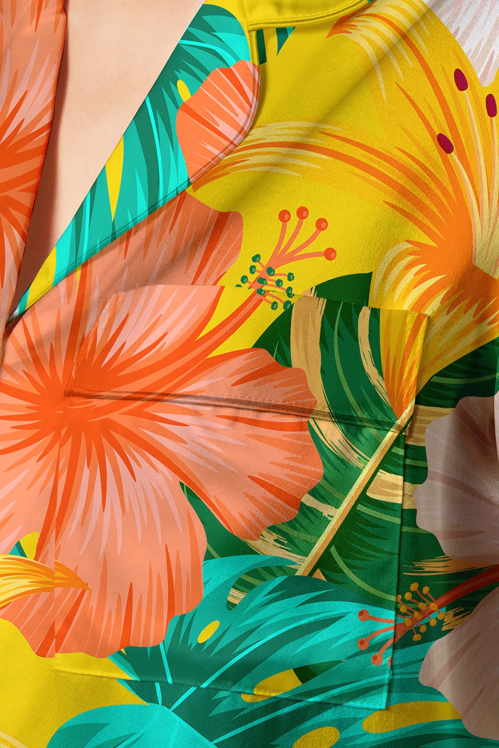 Sunset Tropics – Hibiscus & Palm Print Satin Pajama Set