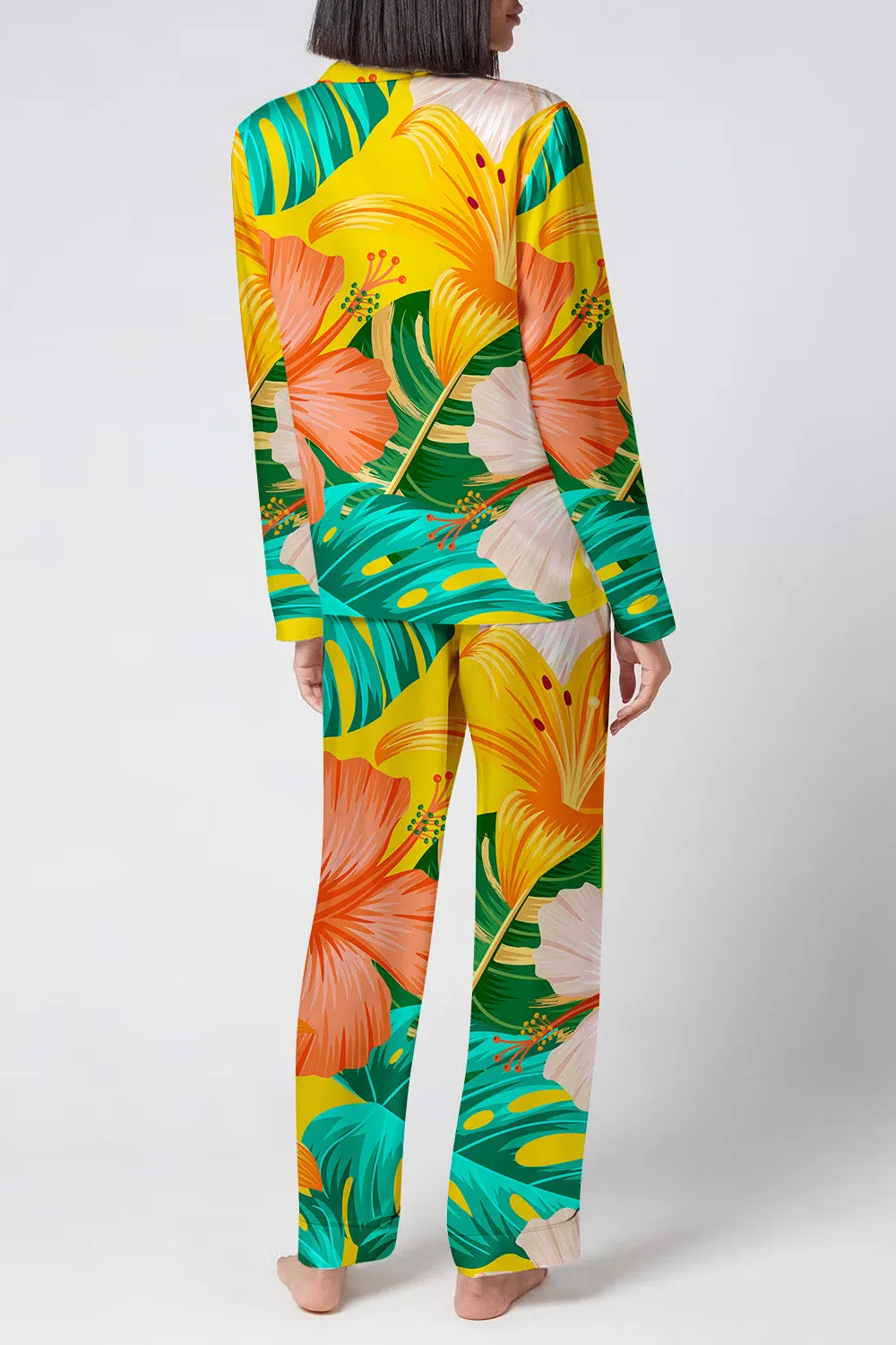 Sunset Tropics – Hibiscus & Palm Print Satin Pajama Set