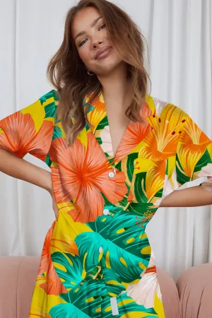 Sunset Tropics – Hibiscus & Palm Print Satin Pajama Set