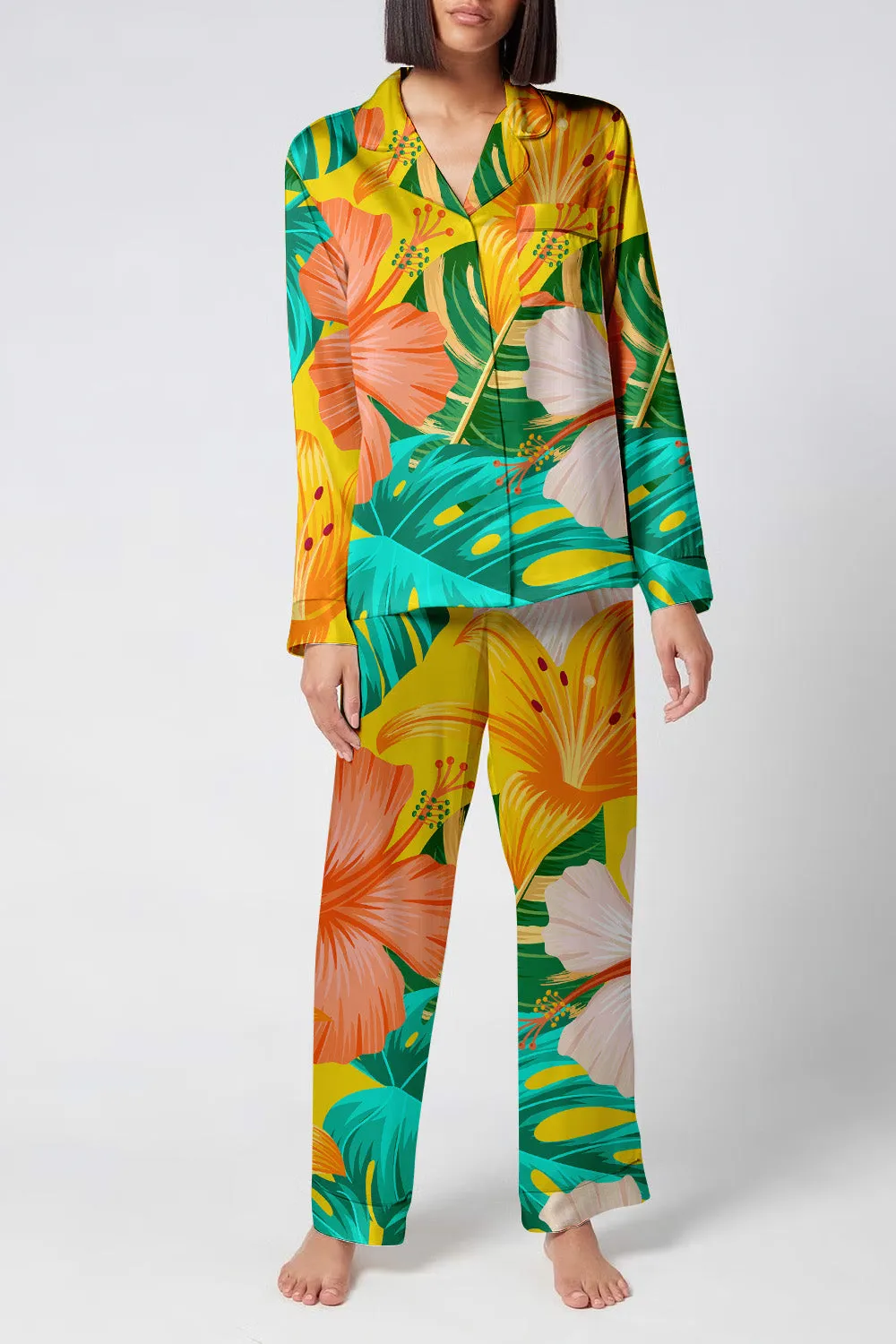 Sunset Tropics – Hibiscus & Palm Print Satin Pajama Set