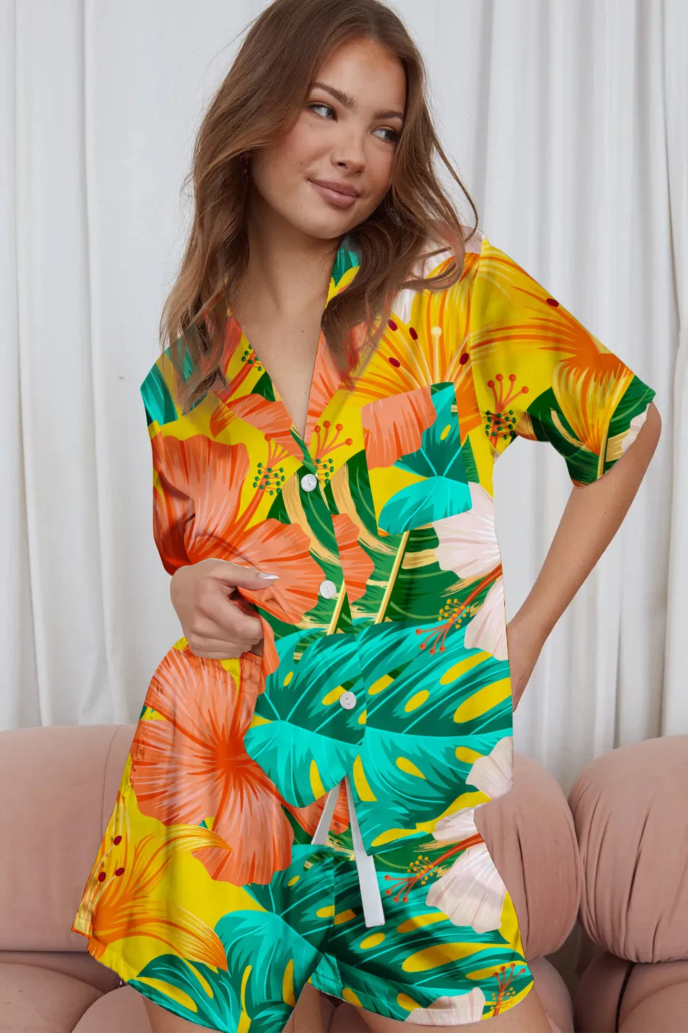 Sunset Tropics – Hibiscus & Palm Print Satin Pajama Set