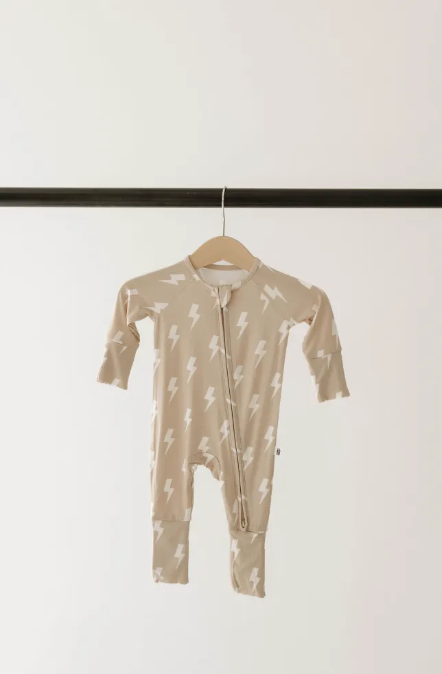 Tan & Cream Lightning Bolt | Bamboo Zip Pajamas
