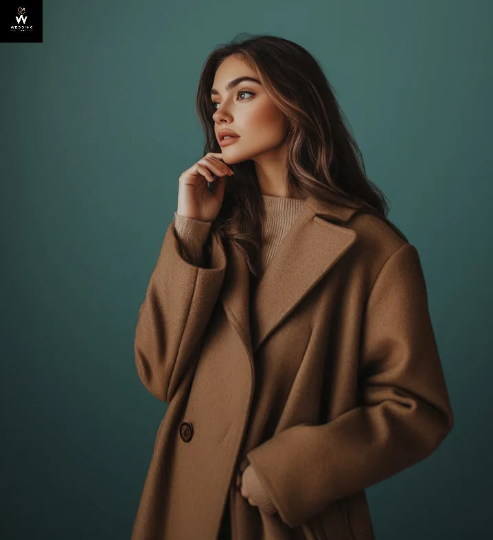 Tan Brown Wool Overcoat – Long Double-Breasted Winter Coat with Wide Peak Lapel