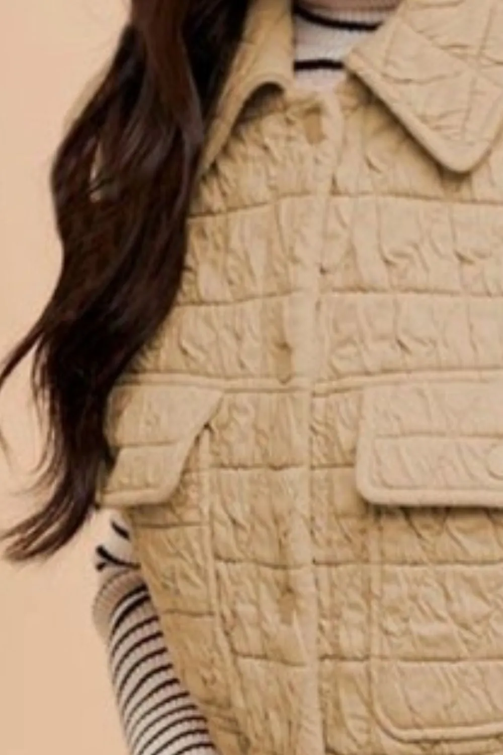 Tan Texture Quilted Snap Down Vest Coat