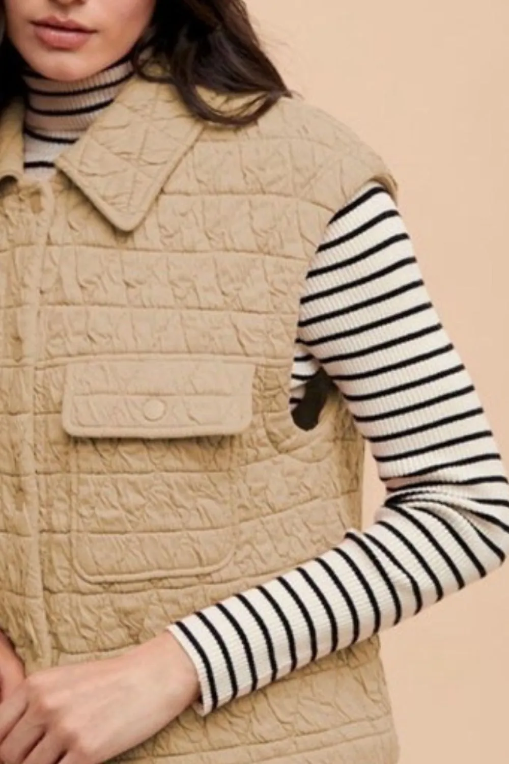 Tan Texture Quilted Snap Down Vest Coat
