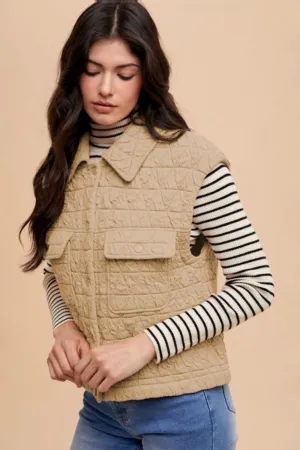 Tan Texture Quilted Snap Down Vest Coat