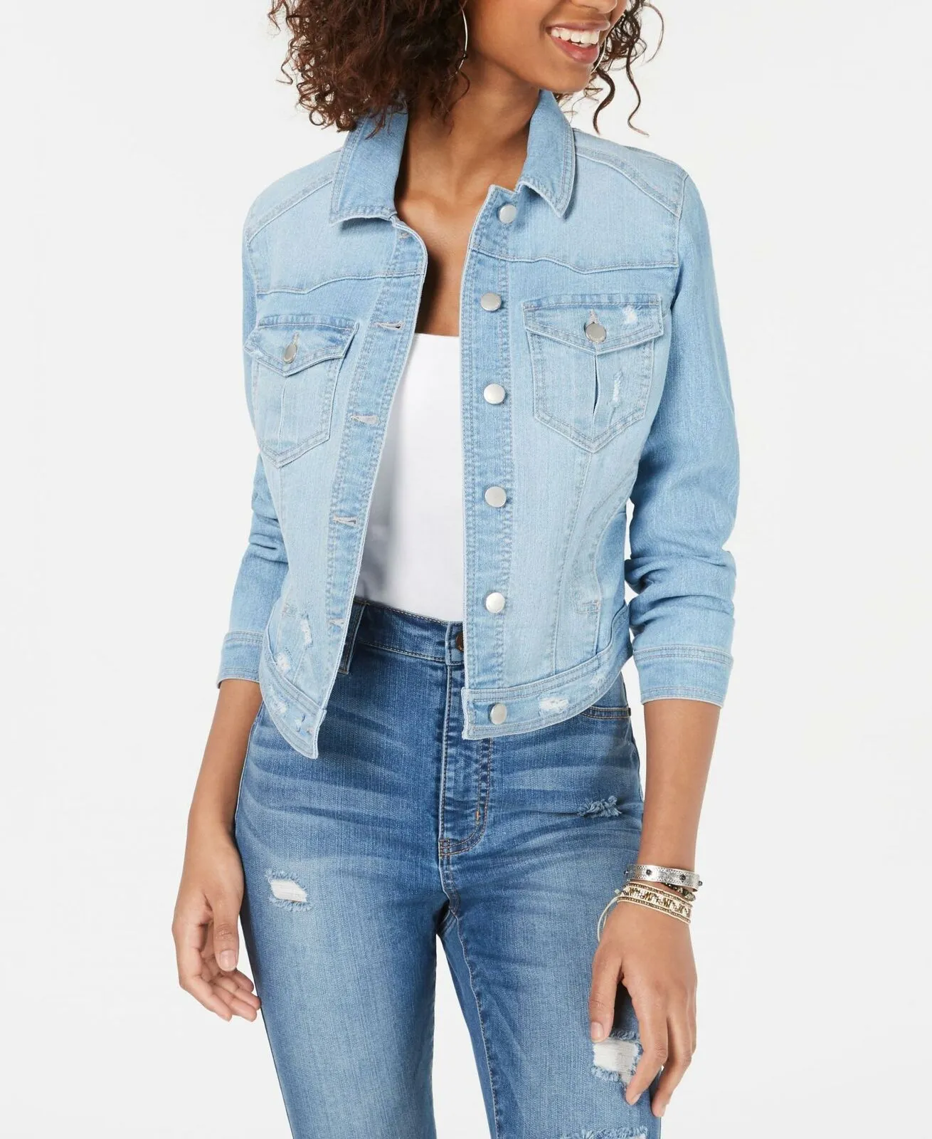 Tinseltown Women's Distressed Jean Jacket Light Blue Medium