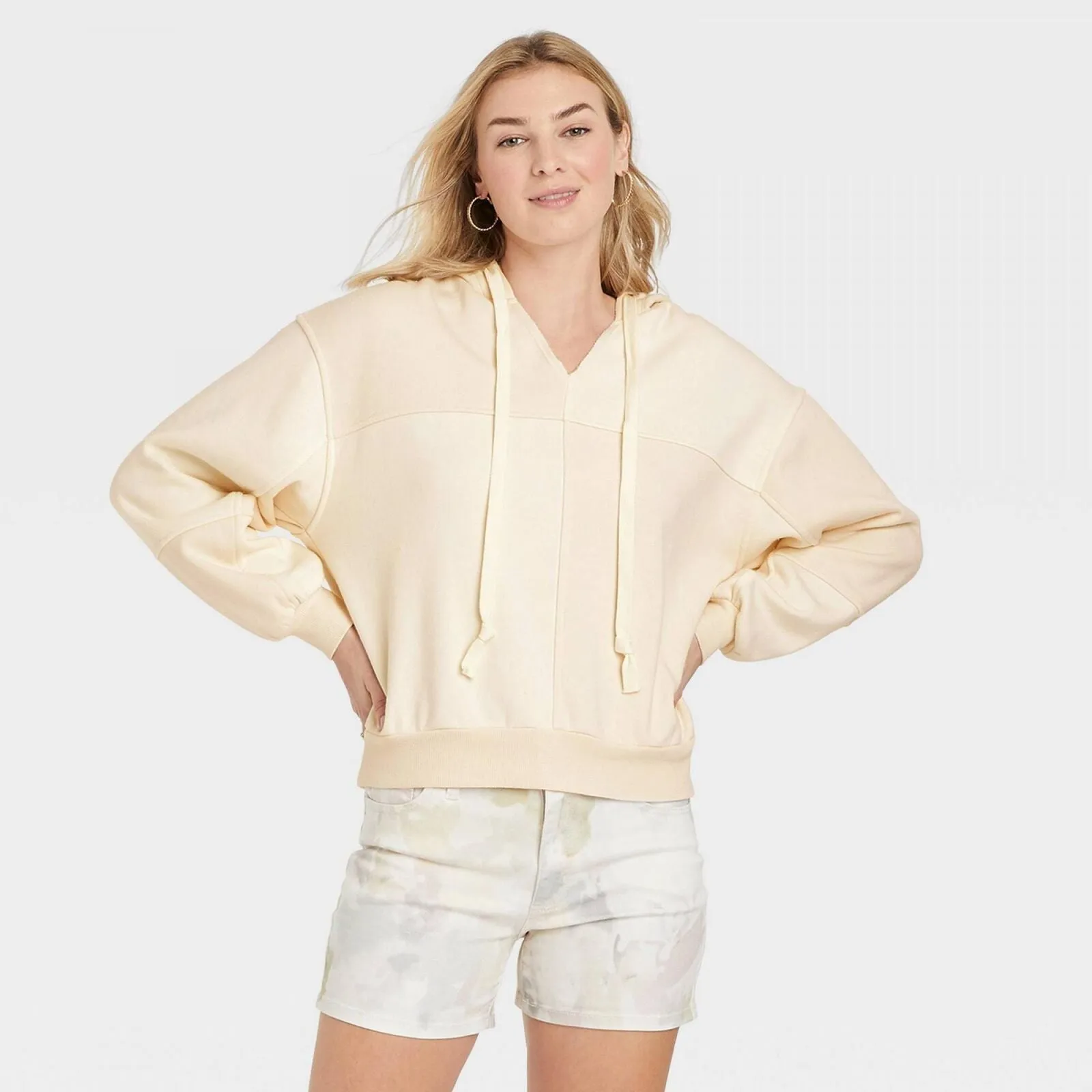 Universal Thread Women's Patchwork Hooded Sweatshirt Off-White S