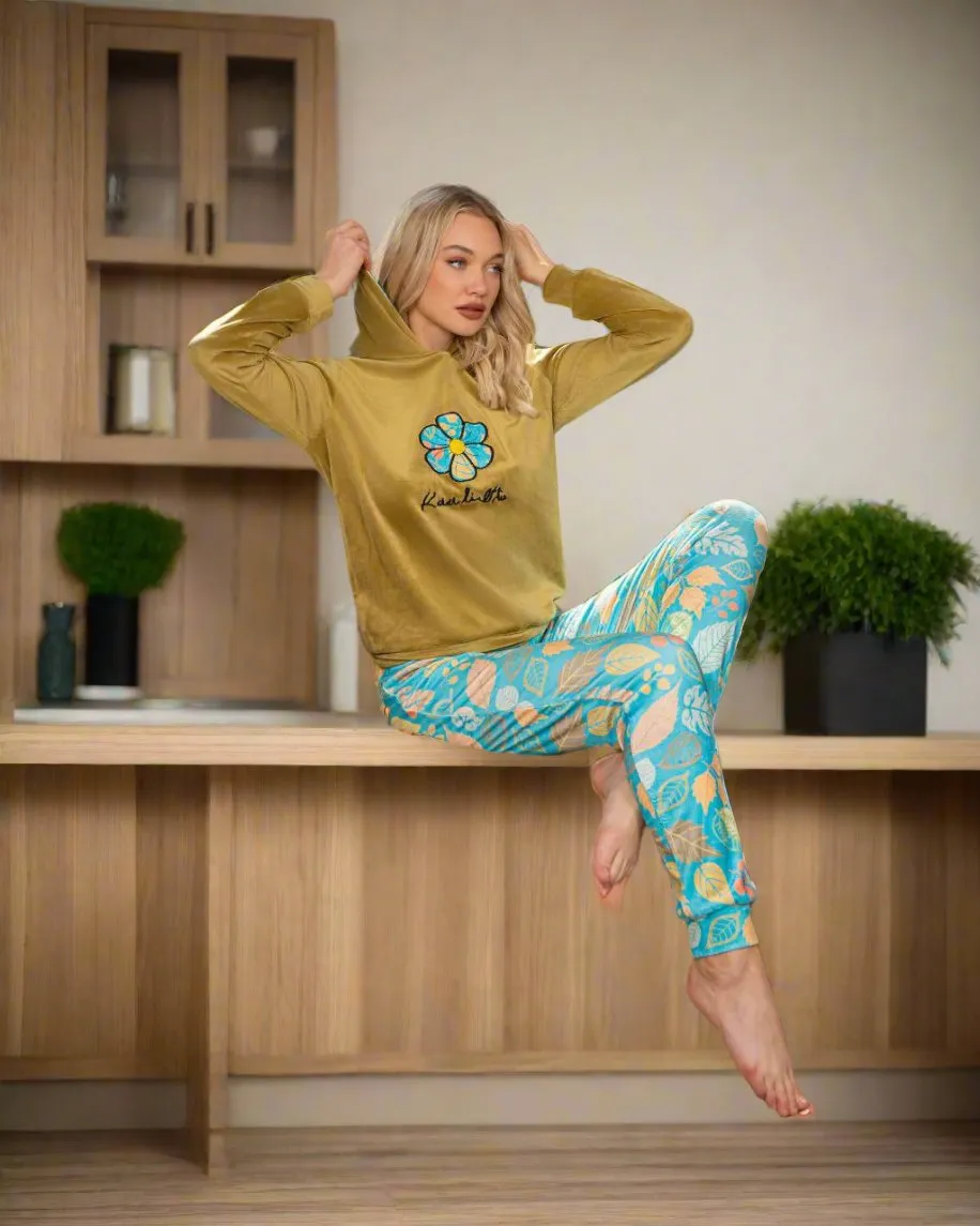 Velvet T-shirt pajamas   Turkish printed velor pants