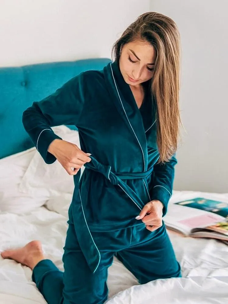 Velvet Warm Pajamas For Women Bathrobe Female Set Solid Pocket Long Sleeves
