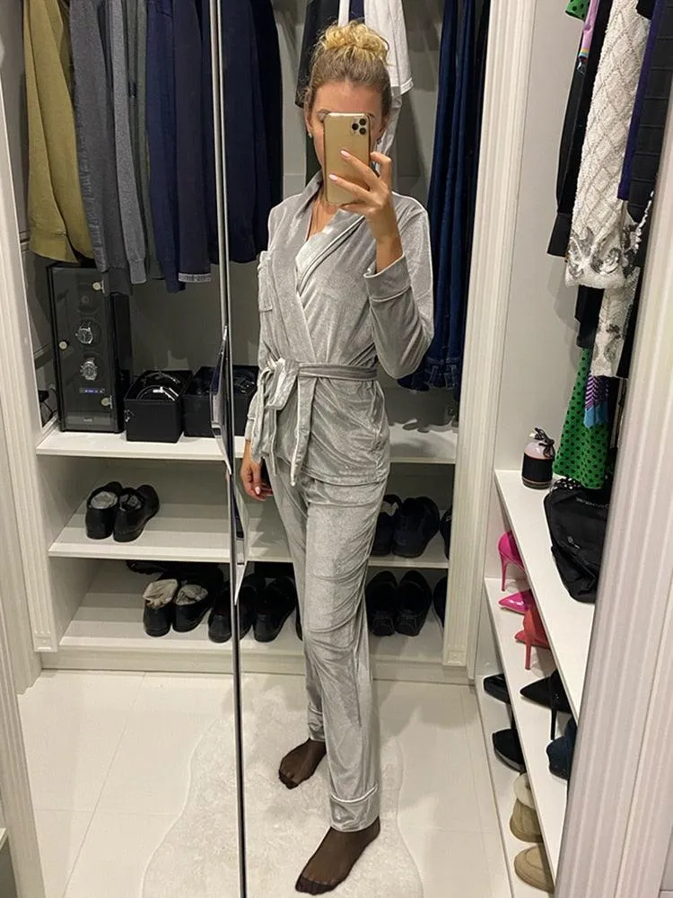 Velvet Warm Pajamas For Women Bathrobe Female Set Solid Pocket Long Sleeves