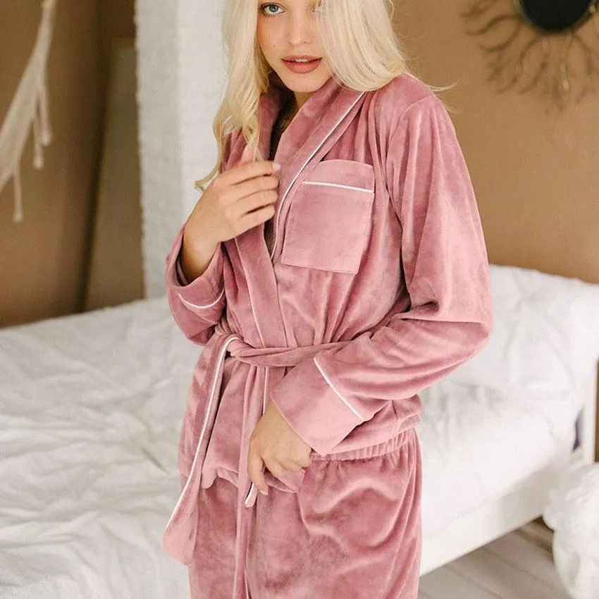 Velvet Warm Pajamas For Women Bathrobe Female Set Solid Pocket Long Sleeves