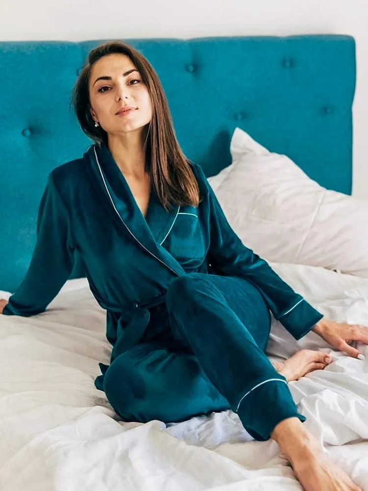 Velvet Warm Pajamas For Women Bathrobe Female Set Solid Pocket Long Sleeves