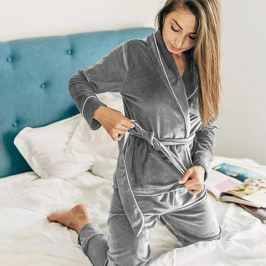 Velvet Warm Pajamas For Women Bathrobe Female Set Solid Pocket Long Sleeves