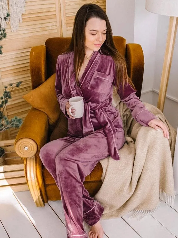 Velvet Warm Pajamas For Women Bathrobe Female Set Solid Pocket Long Sleeves