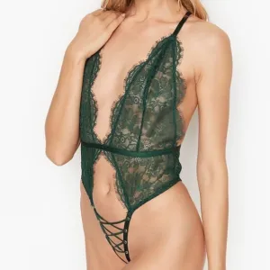 Victorias Secret Lingerie Green Lace Plunge Crotchless Lace Up Teddy XXL - NWT