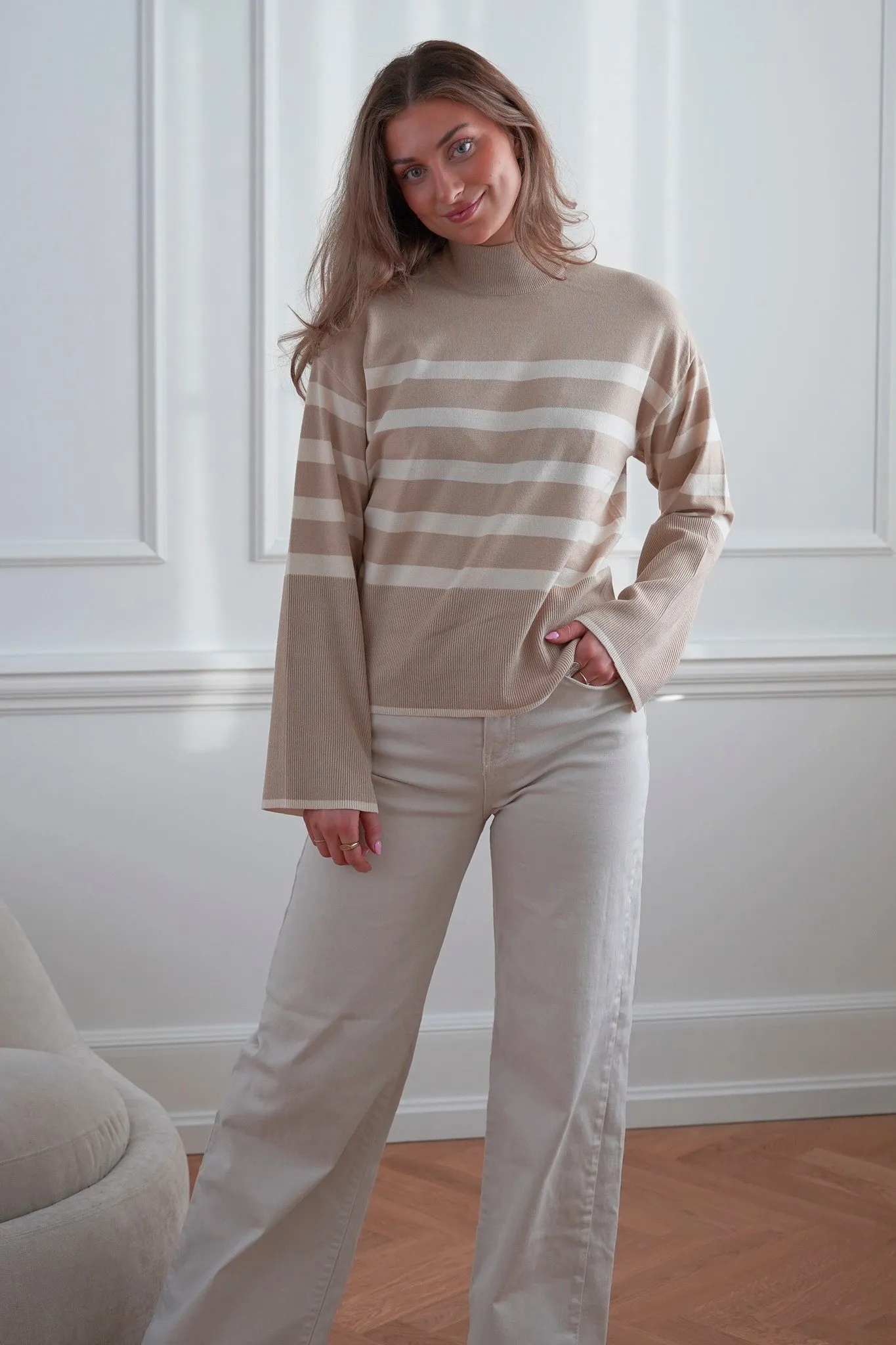 VMHappiness Trøje - Beige Med Hvide Striber