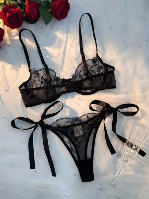Vynara - Black Embroidered Mesh Lingerie Set