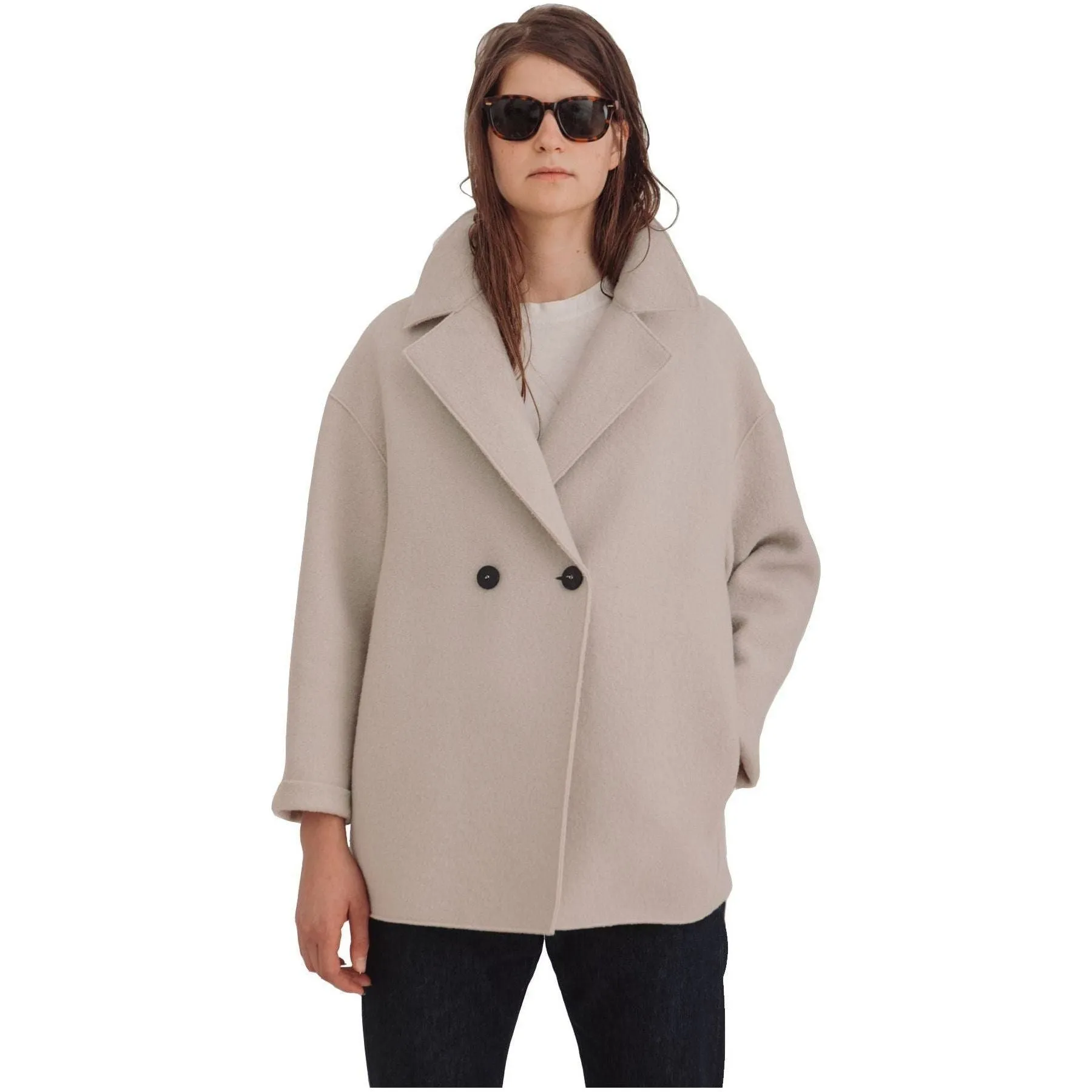W Dropped Shoulder Double Breasted Jacket, Cream