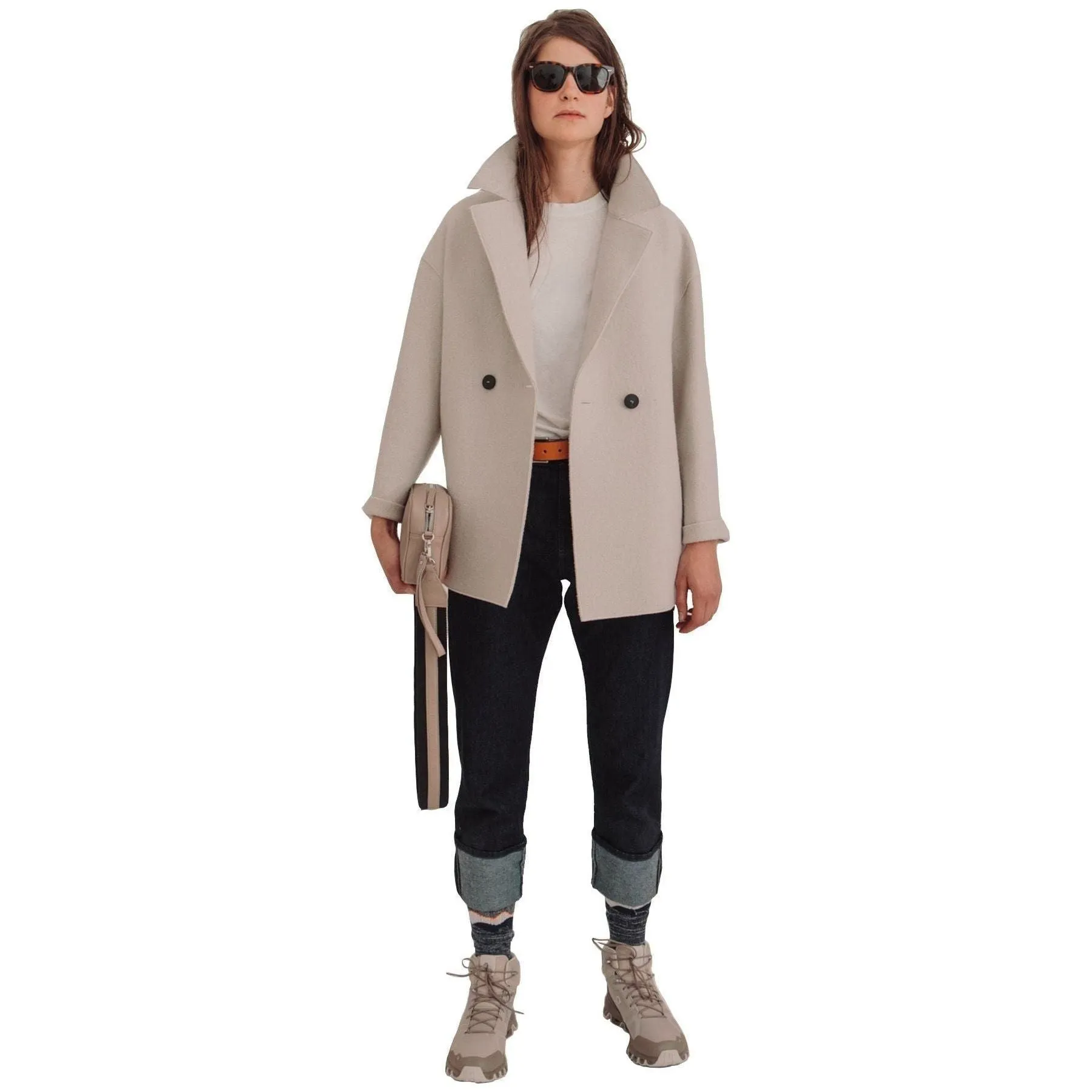 W Dropped Shoulder Double Breasted Jacket, Cream