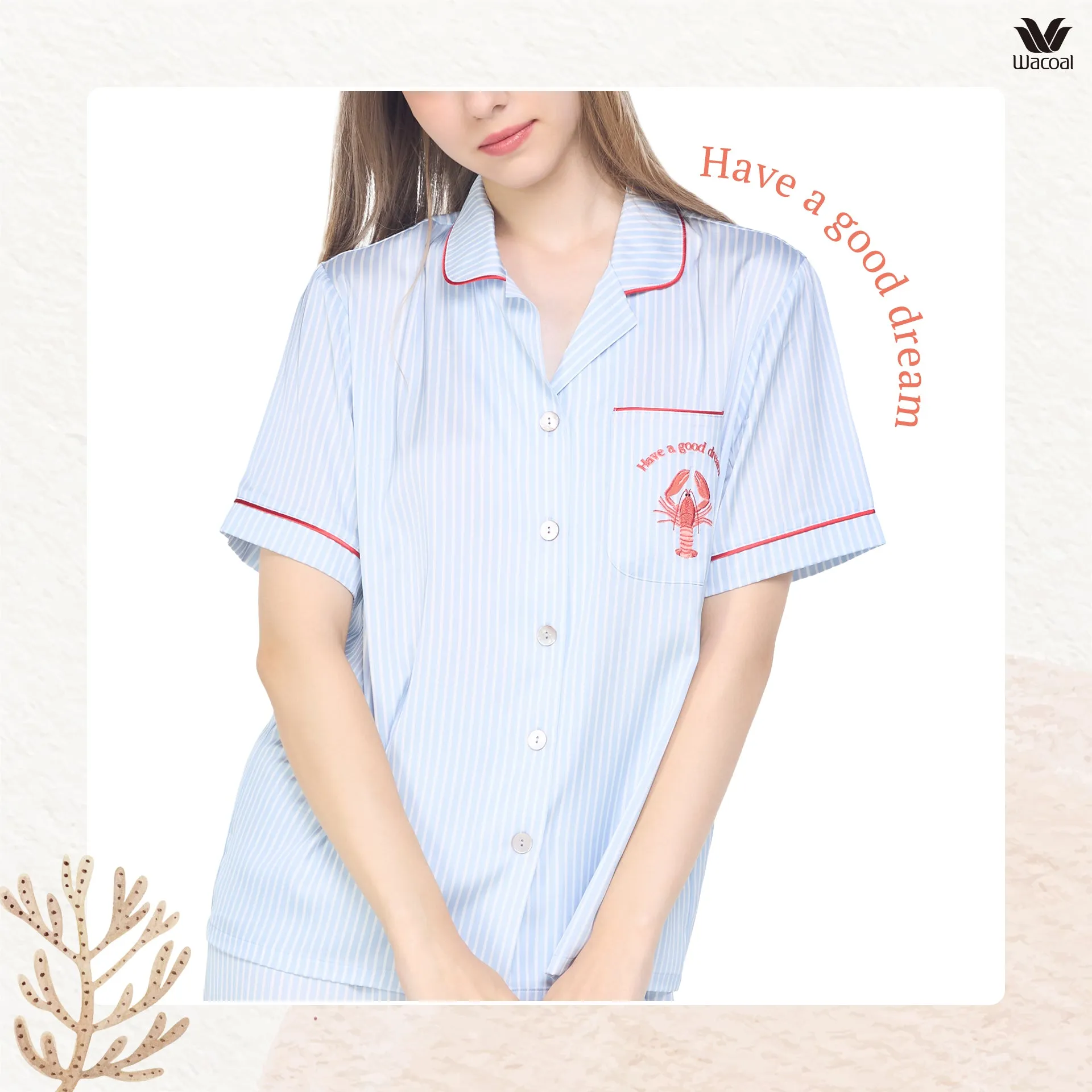Wacoal Sleep wear ชุดนอนเสื้อแขนสั้น กางเกงขาสั้น ลายปัก Lobster รุ่น WN7E53 สีฟ้า (SX)