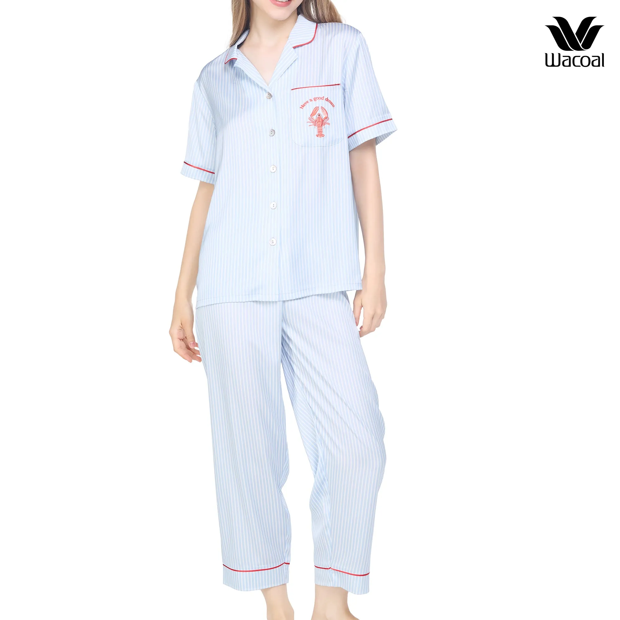 Wacoal Sleep wear ชุดนอนเสื้อแขนสั้น กางเกงขาสั้น ลายปัก Lobster รุ่น WN7E53 สีฟ้า (SX)